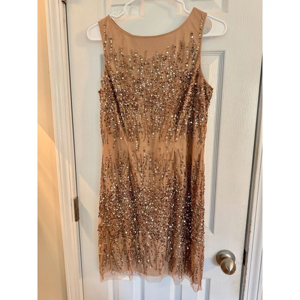 Adrianna Papell Sz 10 NWT Rose Gold Beaded Sequin Cocktail Dress Gatsby Art Deco - Picture 6 of 7